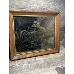 Vtg SCHLITZ LIGHT BEER Mirror Bar Sign Wood Frame Natural Pilsner 1979 Man Cave